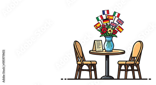 A colorful vector illustration of a small restaurant table with two chairs, a vase of flowers, and a menu, surrounded by international flags.