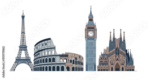 A vector graphic illustration of famous landmarks from around the world, including the Eiffel Tower, Colosseum, Big Ben, and Gothic cathedral, in a flat, minimalist style.