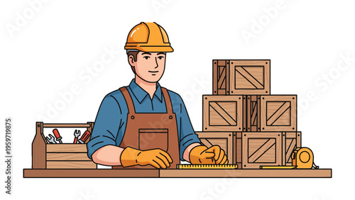 Craftsman at Work: A skilled craftsman, clad in a protective hard hat and work gloves, meticulously measures a wooden plank with a tape measure.