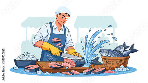 Fresh Market Fishmonger: A skilled fishmonger expertly prepares fresh seafood at a bustling market, knife in hand, surrounded by the bounty of the sea and the refreshing spray of water.