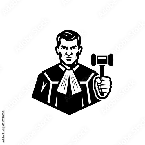 Black and white vector illustration of a judge holding a gavel on white background
