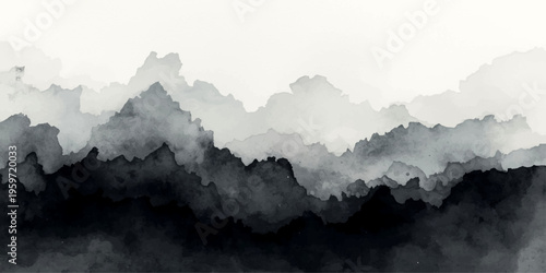 A misty mountain landscape with snow covered peaks and forest hills glowing under the soft blue sunlight of a golden sunrise sky