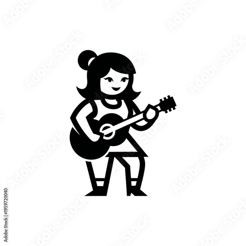 black and white icon of a woman playing an acoustic guitar on white background