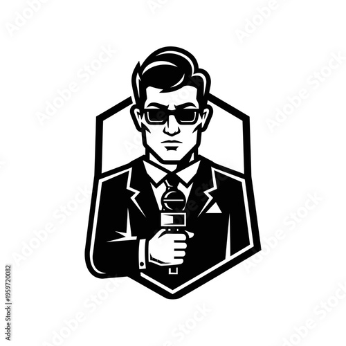 Vector illustration of a male reporter wearing sunglasses holding a microphone inside a frame