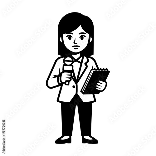 Black and white illustration of a female journalist holding a microphone and notebook