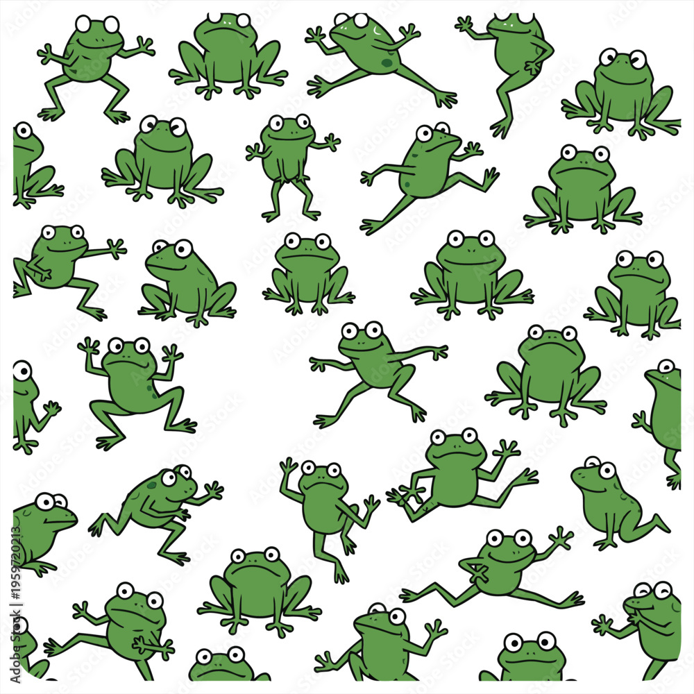 Fototapeta premium Many green frogs are jumping and playing on a white surface together happily