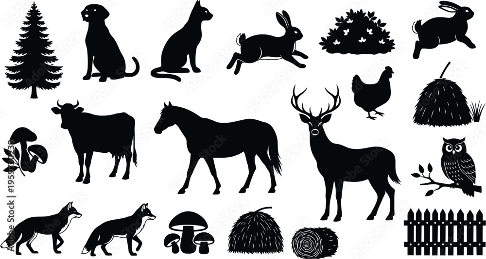 Obraz premium Silhouette of various animals and objects in a forest setting silhouette