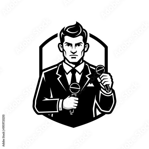 Black and white vector mascot of a man in a suit holding two microphones
