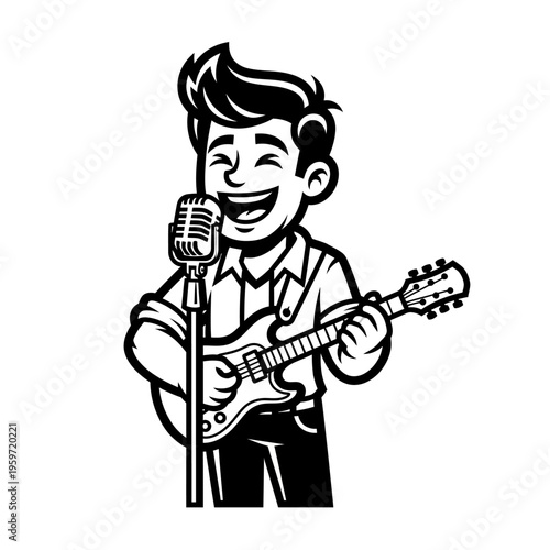 Cartoon male musician singing into a microphone while playing electric guitar on white background