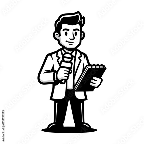 Black and white cartoon male news reporter holding a microphone and notebook on white background