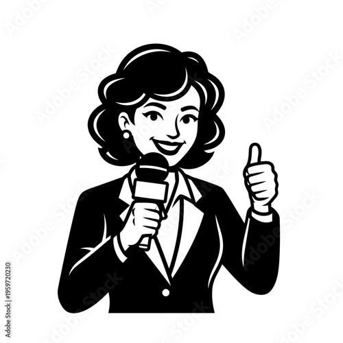 Female news reporter holding a microphone and giving a thumbs up black and white illustration