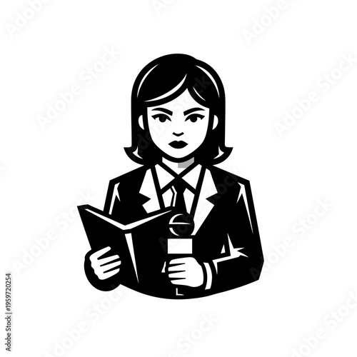 Female news reporter holding a microphone and book on a white background vector illustration