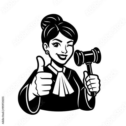 Winking female judge illustration holding a gavel and giving a thumbs up sign
