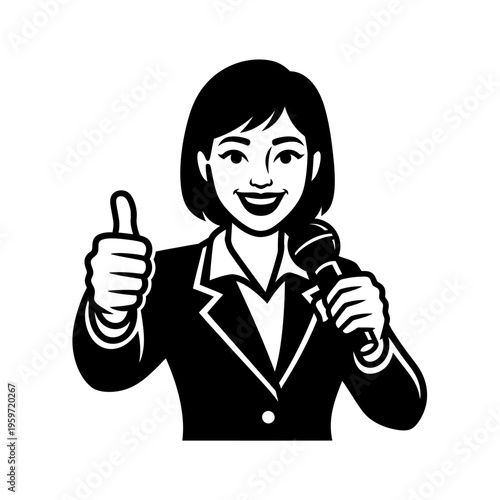 Businesswoman holding microphone and giving thumbs up black and white vector illustration
