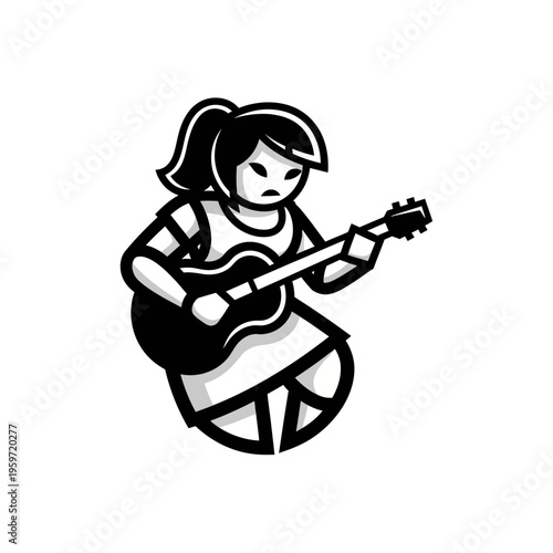 Black and white vector illustration of a girl playing an acoustic guitar on white background