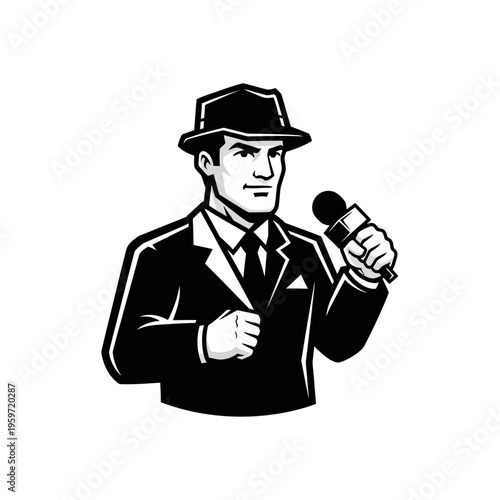 black and white illustration of a reporter in a suit and fedora holding a microphone