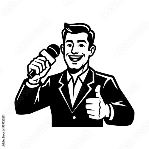 Smiling man in suit holding microphone giving thumbs up on white background vector illustration