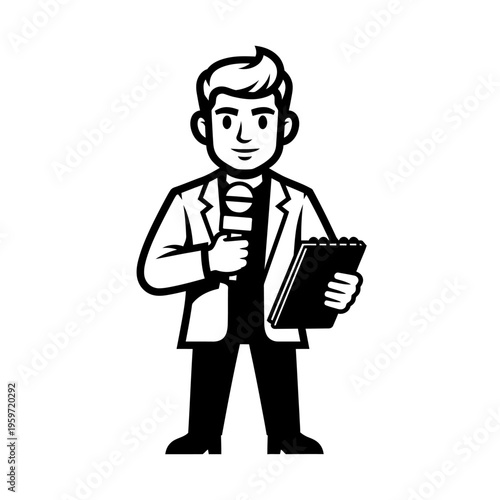 Male reporter illustration holding a microphone and notebook on a white background