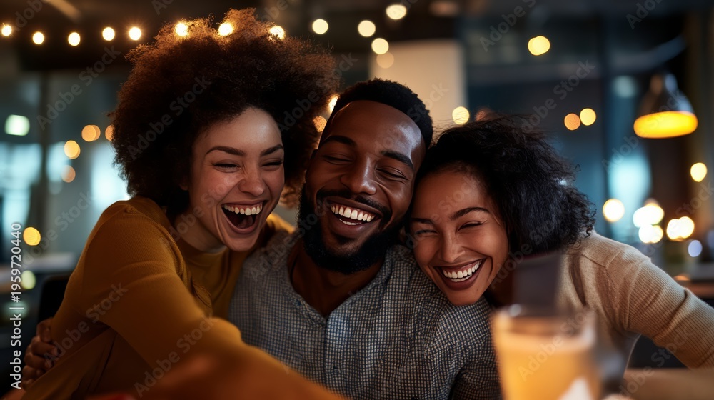 Fototapeta premium Joyful friends celebrating together in a cozy home lifestyle photography warm atmosphere close-up viewpoint emphasizing connection and happiness