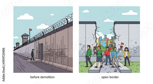 A vector graphic illustration depicting the transformation of a restrictive border wall to an open border with people celebrating freedom.