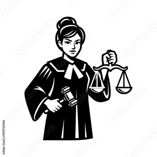 Vector illustration of a female judge holding a gavel and scales of justice