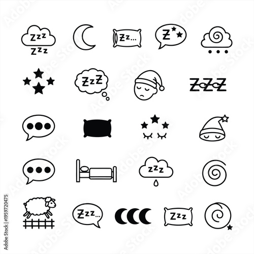 Sleep icons depict various symbols related to rest and dreams at night.