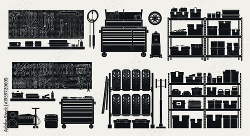 Black and white illustration of various workshop tools and equipment on shelves and carts