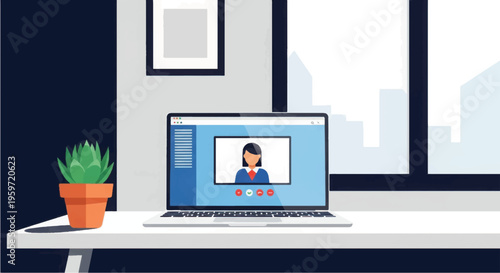 Laptop Displaying Video Call on Desk.