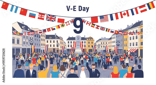 A vibrant illustration of a crowd celebrating V-E Day with flags and banners in a European city