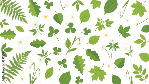 Green Spring Leaves and Wildflowers Vector Illustration Pattern