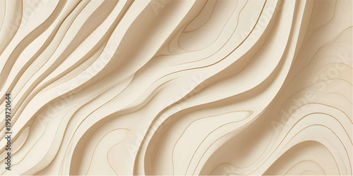 Abstract Waves Carved Wood Texture Background, Wavy Pattern Design, Beige Wooden Surface Decoration