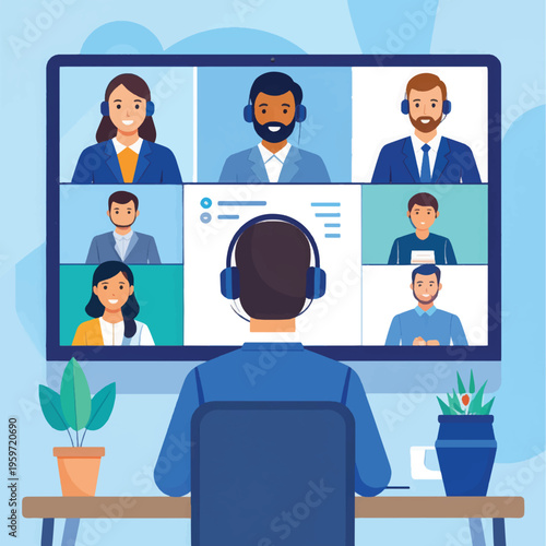 Man Participating in Virtual Meeting Online.