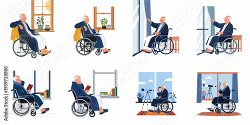 Set of flat vector illustrations of an elderly man in a wheelchair participating in different hobbies and routines at home.