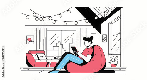 Woman Relaxing on Bean Bag Chair.