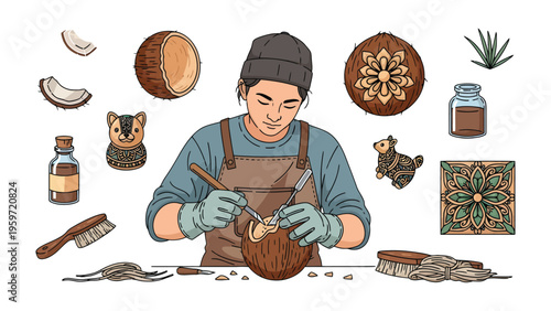 Artisan's Artistic Expression: A skilled artisan meticulously sculpts a coconut, surrounded by his tools and creations, illustrating the delicate art of crafting.
