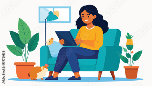 Woman Relaxing on Sofa with Tablet.