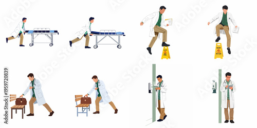 A collection of medical professional character poses showing a doctor rushing, pushing a gurney, jumping over a wet floor sign, and using a tablet.