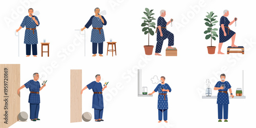 Collection of illustrations showing an elderly man performing pulmonary rehabilitation, using an inhaler, and doing light physical exercises for respiratory health.