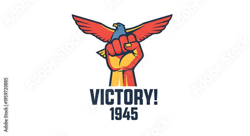 A colorful vector graphic illustration of a raised fist holding a dove with outstretched wings, symbolizing victory and peace in a minimalist flat design style.