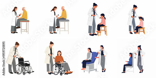 Flat vector illustration set of a female doctor performing neurological reflex tests on diverse patients, including children, seniors, and people with disabilities.