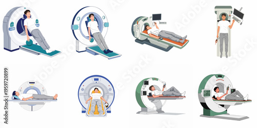 Set of flat vector illustrations depicting a male patient undergoing various MRI and CT scan procedures for medical diagnosis and health checkup.