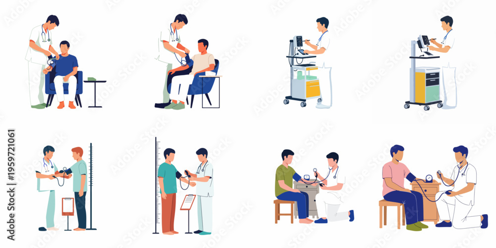 Fototapeta premium Set of vector illustrations showing doctors performing medical checkups, measuring blood pressure, and using medical equipment for patient diagnosis and care.