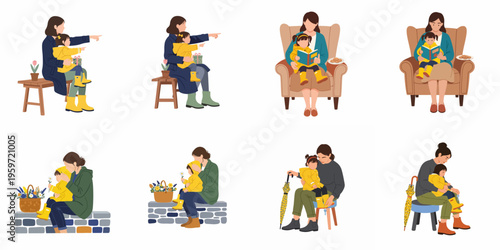 Flat illustration set of a mother and daughter bonding through various activities like reading, resting outdoors, and getting ready for a walk.