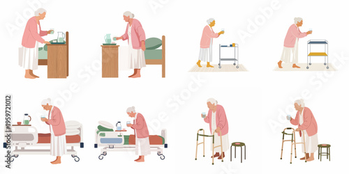 Set of illustrations depicting an elderly woman in a healthcare setting, focusing on hydration, mobility with a walker, and hospital bed patient care.