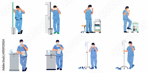 Set of Illustrations Depicting an Overworked and Exhausted Male Doctor or Nurse in Blue Scrubs During a Long Shift