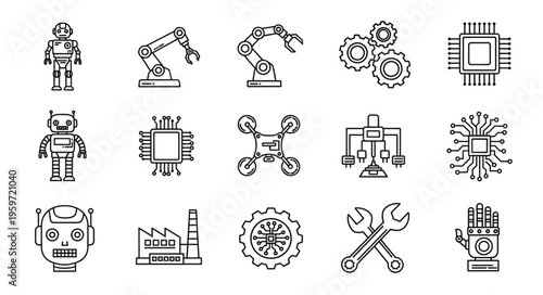 Collection of industrial robots and technological elements in a line art style.