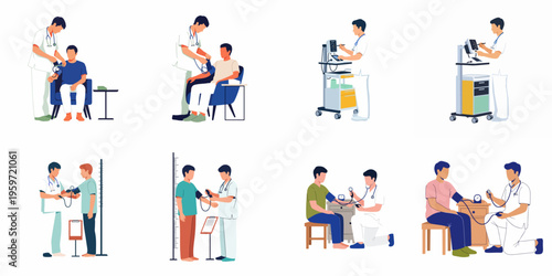 Set of vector illustrations showing doctors performing medical checkups, measuring blood pressure, and using medical equipment for patient diagnosis and care.