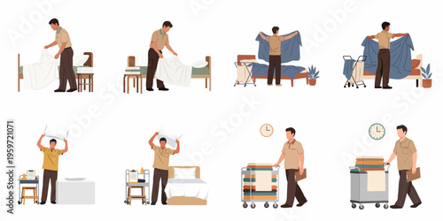 Vector Illustration of a Male Hotel Housekeeper performing Various Bedmaking and Laundry Duties in a Hospitality Setting