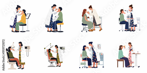 Collection of flat vector illustrations depicting female doctors performing eye examinations and medical checkups on patients in various clinical settings.