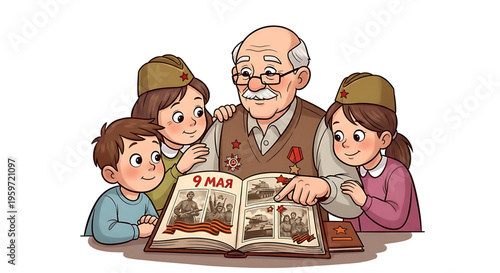 A cartoon illustration of an elderly man sharing a historical book with three children